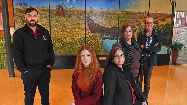 Tauondi Aboriginal College in Port Adelaide is currently under threat after its State Government funding was cut. Pictured are training mentor Dylan Adam, student Jessmin Davies cultural trainer and assessor Vicki Hartman, teacher Annie Russell and student Ricky Malone. Picture: Tom Huntley