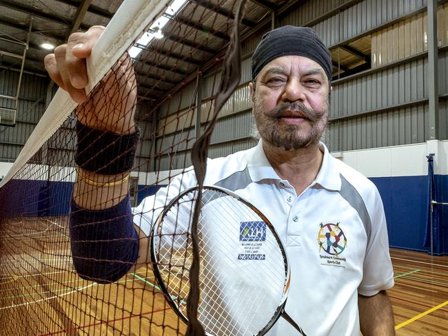 Satinder Chawla, who competed at the recent 2018 Australia Sikh Games in Sydney, poses for a photo at the Craigieburn Sports Stadium, Tuesday 10 April 2018. Satinder won the Singles Veteran Championship and the doubles in badminton. Photo Luis Enrique Ascui