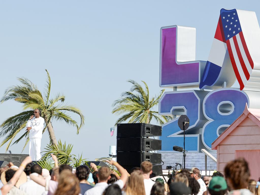 Snoop Dogg was fresh off the plane from Paris when he performed live at Venice Beach at the LA28 Olympic Games handover celebration. Picture: Emma McIntyre/Getty Images for LA28)