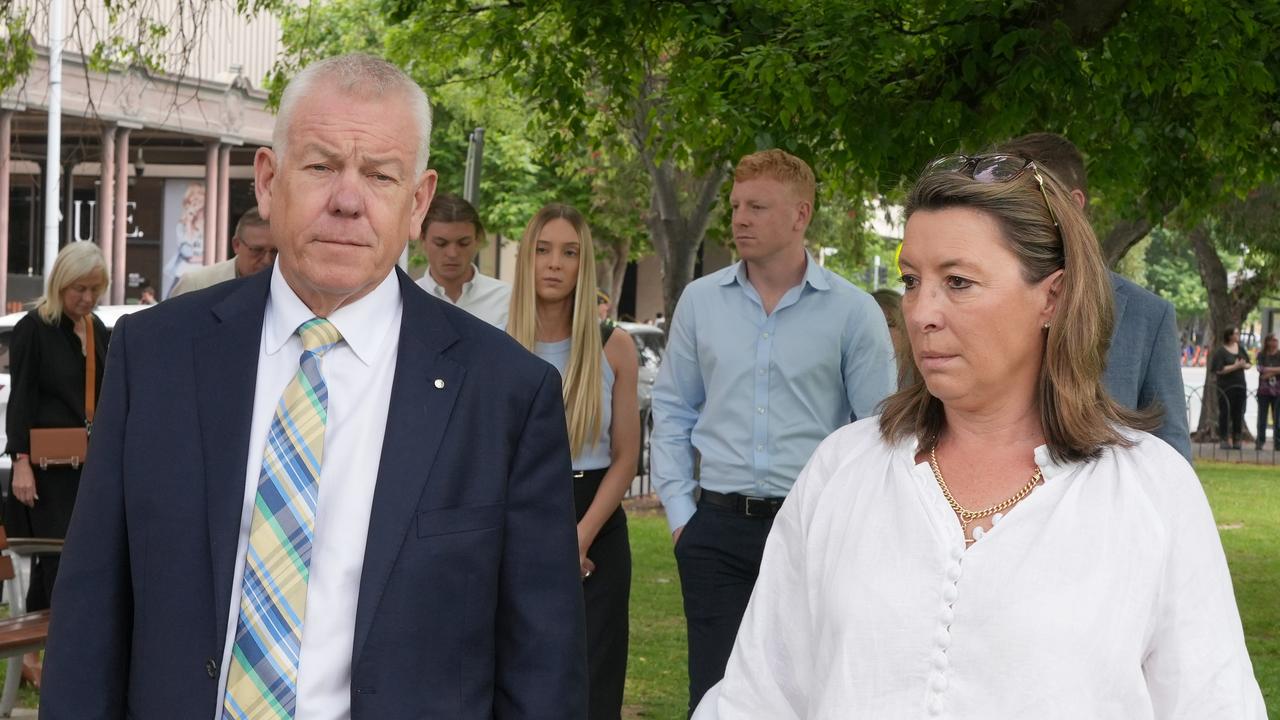 Police Commissioner, Grant Stevens and family front the media, after Dhirren was given a one-year suspended sentence. Picture: NewsWire / Dean Martin