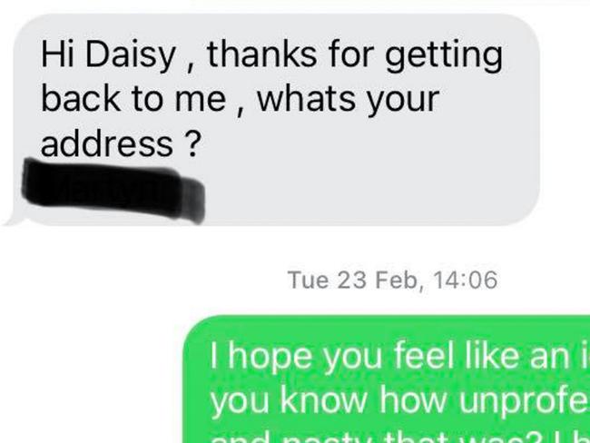 MERCURY PRESS. (Pictured: Messages between Daisy Mae Spain, 27, and the workman.) A woman was left feeling humiliated after a roofer unwittingly left her a voicemail insulting her appearance and blasting her as a 'lazy slob'..Daisy Mae Spain, 27, says she received the seven-minute voicemail just minutes after the workman left her home last month..In the shocking voicemail, the man, who was recommended to Daisy Mae on an app, can be heard insulting her appearance, claiming that 'she used to be pretty, but she isn't now' and blasting her as a 'lazy slob' after he visited her home on the Wirral, Merseyside. Picture: Mercury Press/Caters