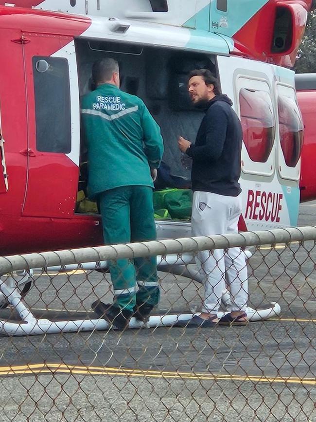 Gold Coast sailor Xavier Doerr with the rescue helicopter in Port Lincoln. Picture: NINE NEWS