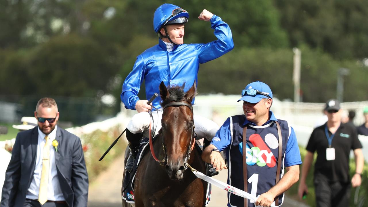 James McDonald riding Broadsiding win Race 6 Sky Racing Rosehill Guineas during the "TAB Golden Slipper" - Sydney Racing at Rosehill Gardens on March 22, 2025 in Sydney, Australia. (Photo by Jeremy Ng/Getty Images)