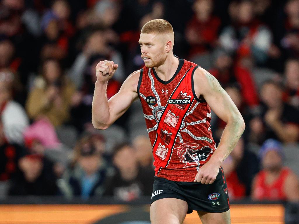 Peter Wright celebrates one of his four goals on Sunday. Picture: Dylan Burns/AFL Photos via Getty Images.