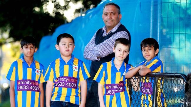 Granville Waratahs president Noel Dona with players Naitik Jain, Hanjie Lin, Nathan Jacono and Ariv Dhage at Robin Thomas Reserve in Parramatta. Picture: Angelo Velardo