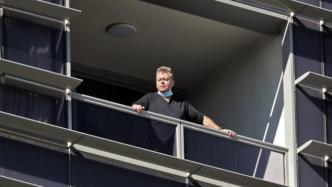 Corrections and Counter Terrorism Minister Anthony Roberts on the balcony of his quarantine hotel. Picture: Sam Ruttyn