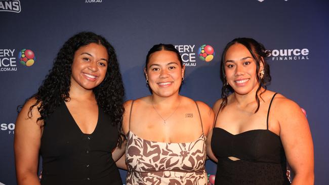 Estanoa Faitala-Mariner, Jayda Lofipo and Dannii Perese at the Gold Coast Titans NRLW 2025 Season Launch at Isoletto The Star Gold Coast. Picture, Portia Large.