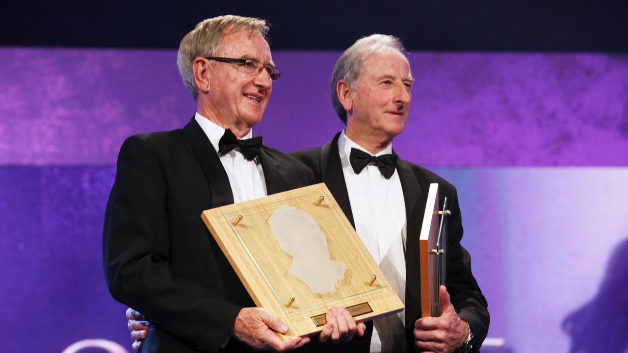 Graham McKenzie and Lawry after being inducted into the Cricket Australia Hall of Fame in 2010. Picture: AAP Image/David Crosling