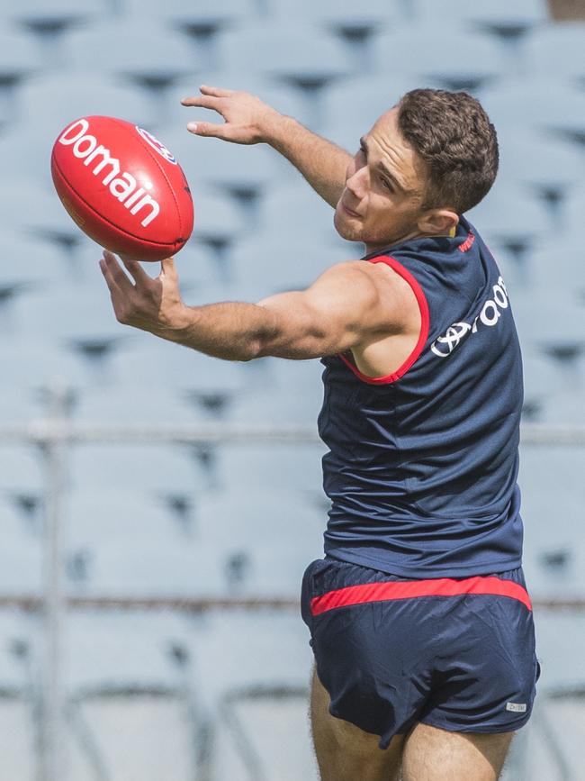 Lachlan Sholl hard at work at his day job — training with the Crows. Picture SIMON CROSS