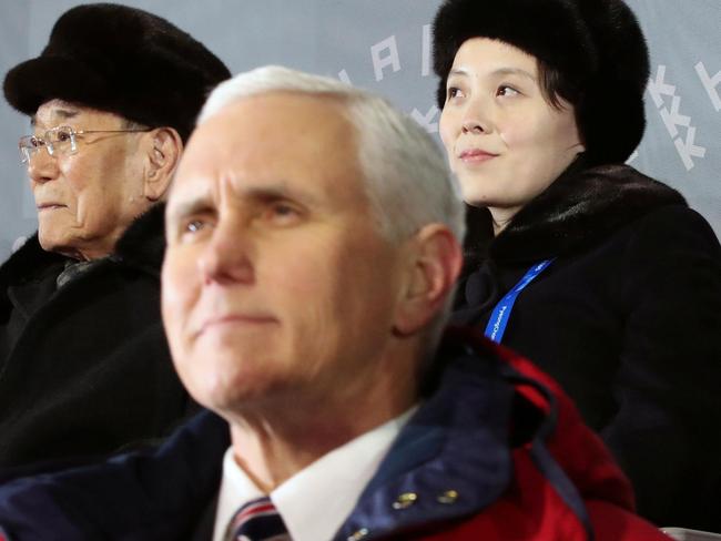 US Vice President Mike Pence sits in front of North Korea's nominal head of state Kim Yong-nam and Kim Yo-jong at the Winter Olympics in 2018. Picture: Supplied