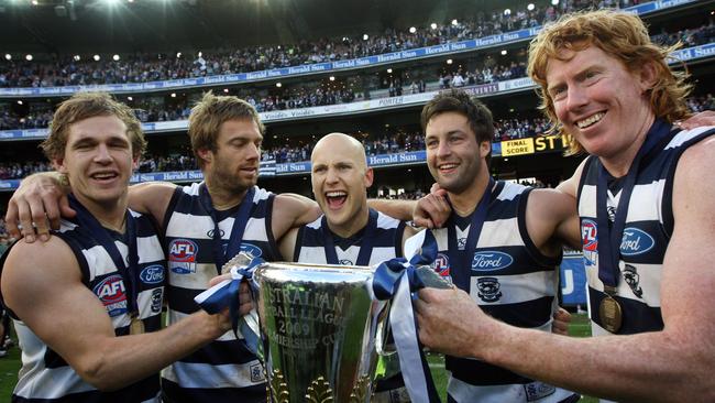 Cats Joel Selwood, Joel Corey, Gary Ablett Jr, Jimmy Bartel and Cameron Ling after the 2009 grand final victory over the Saints.