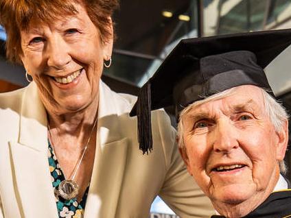 Gerry Moore graduated from a UniSA law degree at 76-years-old, pictured with wife Bernadette on April 16th, 2024, at Uni SA in Adelaide.Picture: Tom Huntley