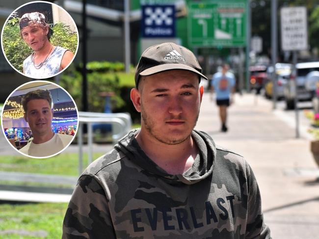 Notorious repeat public menace Thomas Hyde, 20, pictured outside the Ingham Magistrates Court, pleaded guilty to possessing a knife in public and committing a public nuisance during an ugly ordeal on the Sunshine Coast on September 9, 2024. Pictured inset (top) is brother Josh Hyde who was allegedly murdered by Ingham man Caleb William Robert Rutherford four years ago. The case has been plagued by delays and is currently before the courts, with Rutherford previously indicating he will fight the charge. Picture: Cameron Bates