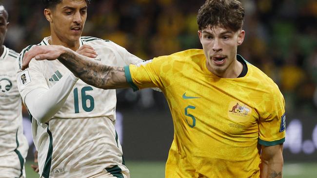 NCA. MELBOURNE, AUSTRALIA. 14th November 2024.  Australian Socceroos vs Suadi Arabia at Melbourne Rectangular Stadium .  Jordan Bos of the Socceroos  2nd half   .  Picture: Michael Klein