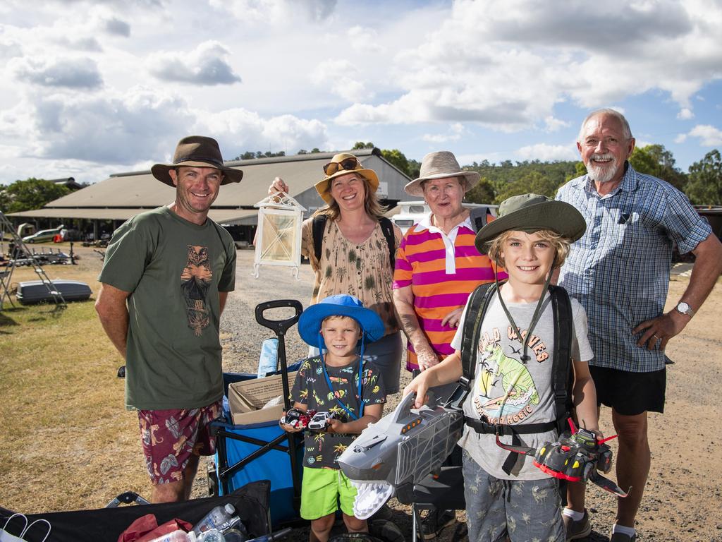 Regulars (from left) Stuart Nivison, Joe Nivison, Kristy Nivison, Karen Robinson, Toby Nivison and Gordon Robinson at the Toowoomba Swap. The Robinsons have attended the swap hosted by Darling Downs Veteran and Vintage Motor Club for over 40 years, Saturday, February 1, 2025. Picture: Kevin Farmer