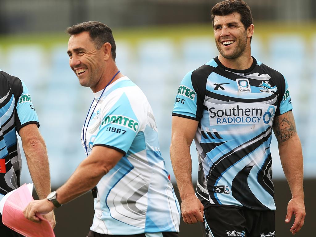 Shane Flanagan with Michael Ennis during Cronulla training. Picture: Phil Hillyard