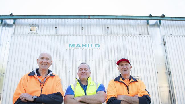 Harold Fox, Dan Pote and Steve Bedggood have slowed their Powelltown sawmill’s production to cope with a massive shortfall in log supplies. Picture: Zoe Phillips