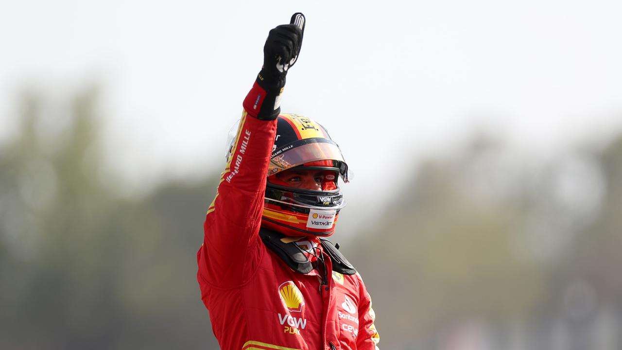 MONZA, ITALY – SEPTEMBER 02: Pole position qualifier Carlos Sainz of Spain and Ferrari celebrates in parc ferme during qualifying ahead of the F1 Grand Prix of Italy at Autodromo Nazionale Monza on September 02, 2023 in Monza, Italy. (Photo by Peter Fox/Getty Images)
