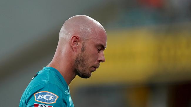 A dejected Chris Lynn leaves the field following his dismissal in the Heat’s heavy loss to Perth Scorchers. Picture: AAP