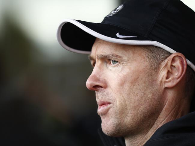 MELBOURNE, AUSTRALIA - AUGUST 04: Craig McRae, Senior Coach of the Magpies speaks to the media after a Collingwood Magpies AFL training session at Olympic Park Oval on August 04, 2022 in Melbourne, Australia. (Photo by Darrian Traynor/Getty Images)