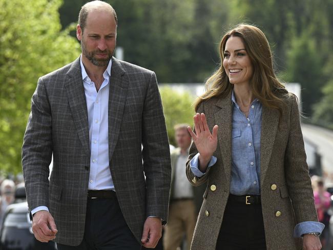 The royals arrive for their visit to Aros Hall community hub, in the town of Tobermory on the Isle of Mull. Picture: Aaron Chown/PA via AP