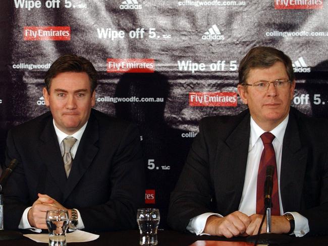 Wayne Jackson (right) during his AFL days, alongside ex-Collingwood president Eddie McGuire. Picture: AAP/Joe Castro