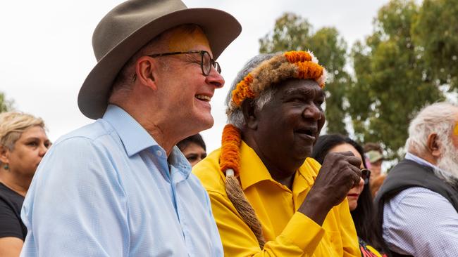 Yunupingu with Anthony Albanese at the Garma Festival in 2022. (Photo by Tamati Smith/Getty Images)