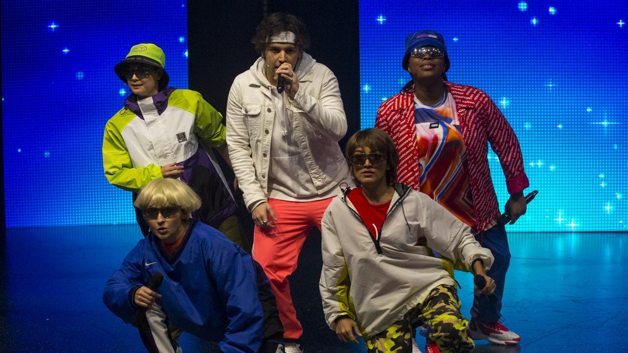 Adelaide Festival 2021. Fangirls, by Belvoir. Aydan Calafiore (centre) as Harry with his “boy band” True Connection. Picture: Brett Boardman, supplied,