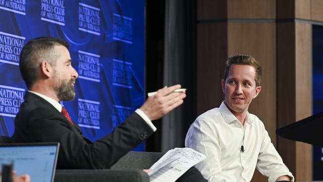 Greens housing and homeless spokesman Max Chandler Mather debated Property Council Mike Zorbas on the housing crisis at the National Press Club. Picture: NCA NewsWire / Martin Ollman