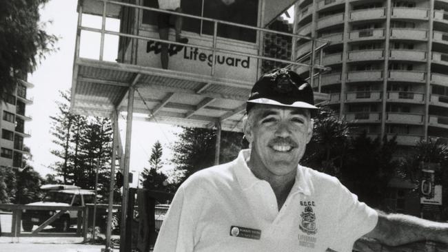 Warren Young at a lifeguard tower in 1993. Picture: Michael Ross