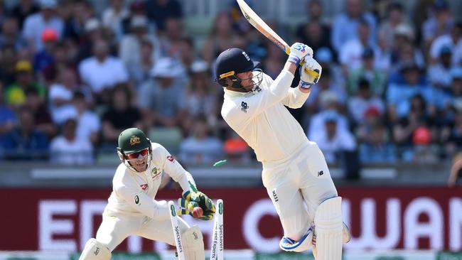 It was an ugly end for Jason Roy, bowled by Nathan Lyon, but other things were annoying him. Picture: Gareth Copley/Getty Images