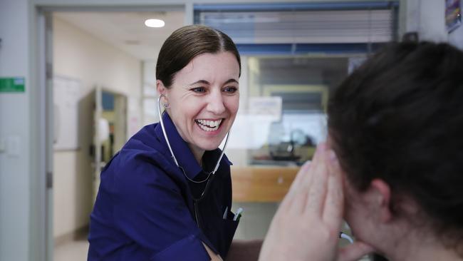 Silverwater Women's midwife Joanna Donnelly in the consultation room with a pregnant inmate. Picture: Rohan Kelly