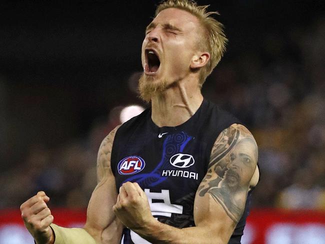 AFL: Round 10 Carlton V Geelong at Etihad Stadium, 29th of May, Melbourne Australia. Carlton's Dennis Armfield celebrates his goal in the third quarter Picture : George Salpigtidis