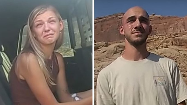 Gabby Petito and her boyfriend Brian Laundrie speak with police. Picture: Moab City Police Department