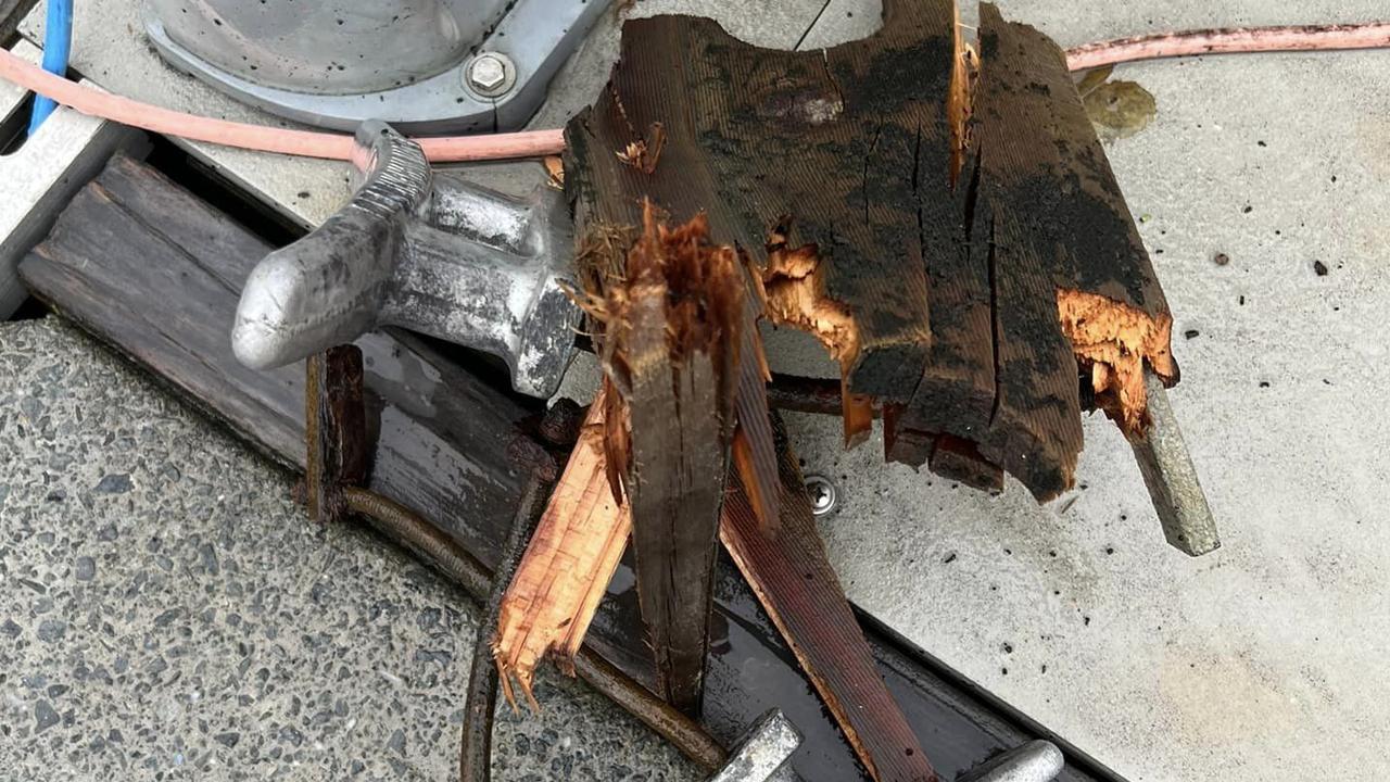 The fishing vessel Mood Swings was torn from its boat cleats and thrown into the neighbouring vessel by a mini-tornado/water spout. Photo: Ryan Moody Fishing