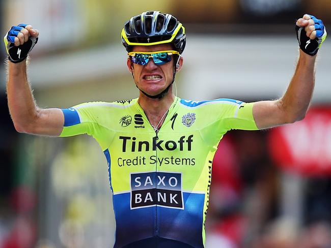 Michael Rogers of Australia and the Tinkoff-Saxo team celebrates winning stage 16 of the 2014 Tour de France, a 238km stage between Carcassonne and Bagneres-de-Luchon, on July 22, 2014 in Bagneres-de-Luchon, France. (Photo by Bryn Lennon/Getty Images)