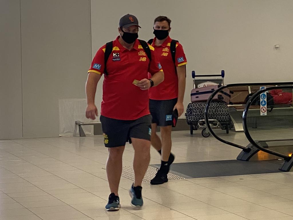 Gold Coast coach Stuart Dew arrives in Adelaide.