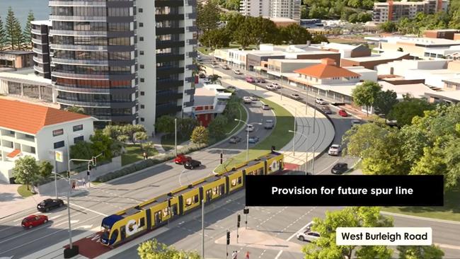 An artist’s impression of how the Gold Coast light rail line will look when it is extended to Burleigh.