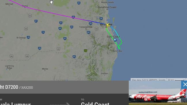 AirAsia X flight D7200 made an emergency diversion to Brisbane from the Gold Coast when its wing flaps became stuck half-way down. Picture: Flightradar24.org