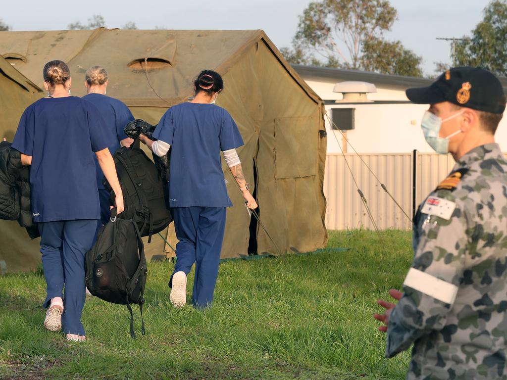 ADF medical workers have set up mobile tents at Epping Gardens Aged Care home where there is an outbreak of more than 80 cases. Picture: David Crosling/NCA NewsWire