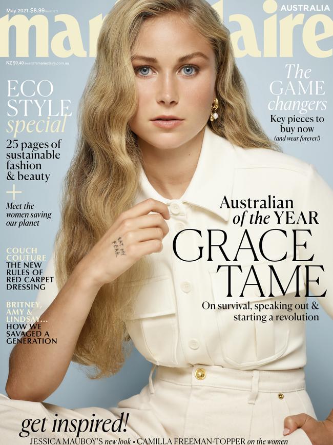 Grace Tame on the cover of Marie Claire magazine. Picture: Marie Claire Australia