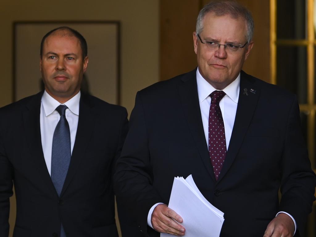 Mr Frydenberg made the comments in a press conference alongside the Prime Minister. Picture: Lukas Coch/AAP