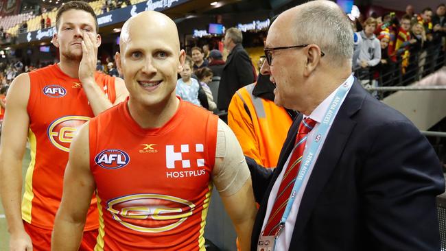 Gary Ablett of the Suns and Chairman Tony Cochranein 2017 during Ablett’s last season at the Suns. (Photo by Michael Willson/AFL Media/Getty Images)