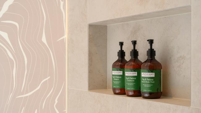 Bulk toiletries in each room eliminate small single-use containers at Crowne Plaza Hobart. Picture: Supplied