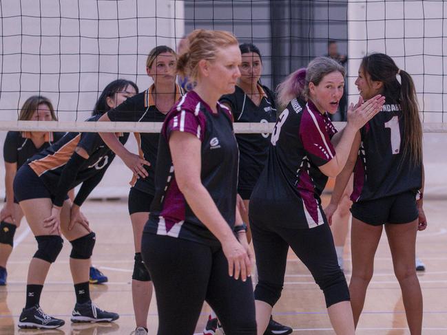 Action as Hard CorÃ“t V Haikyu in the Pan Pacific Masters Games Volleyball tournament. Picture: Glenn Campbell