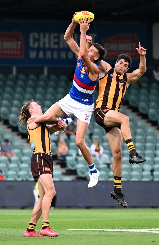 Sam Darcy flies high against the Hawks. Picture: Steve Bell/Getty Images.