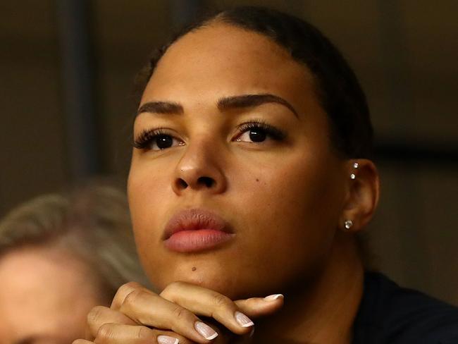 MELBOURNE, AUSTRALIA - OCTOBER 13:  Liz Cambage looks on during the round one WNBL match between the Melbourne Boomers and the Bendigo Spirit at the State Basketball Centre on October 13, 2018 in Melbourne, Australia.  (Photo by Kelly Defina/Getty Images)