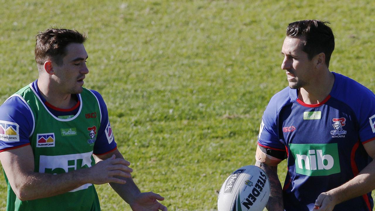 Connor Watson (left) credited Mitchell Pearce for helping him throughout his career. (AAP Image/Darren Pateman).
