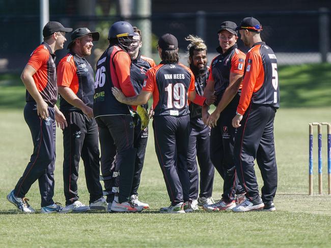 Bonbeach players celebrate a wicket. Picture: Valeriu. Campan