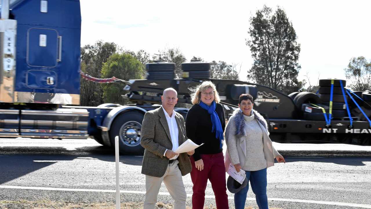 WORKS NEEDED: Shadow Transport Minister Steve Minnikin, Warrego MP Ann Leahy and resident Lynda Hyland at the Jackson-Wandoan Rd/Warrego Highway intersection. Picture: Contributed